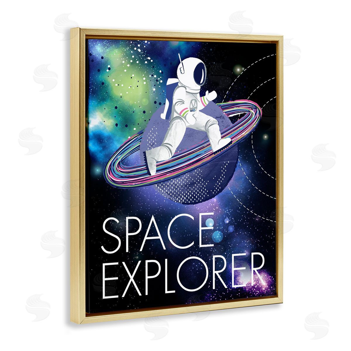 Jennifer Ellory Space Explorer Starry Universe Astronaut on Galaxy Planet Gold Floating Frame Canvas Wall Art Print