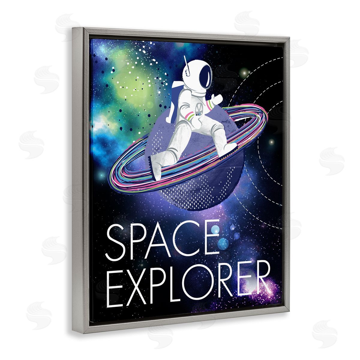 Jennifer Ellory Space Explorer Starry Universe Astronaut on Galaxy Planet Gray Floating Frame Canvas Wall Art Print