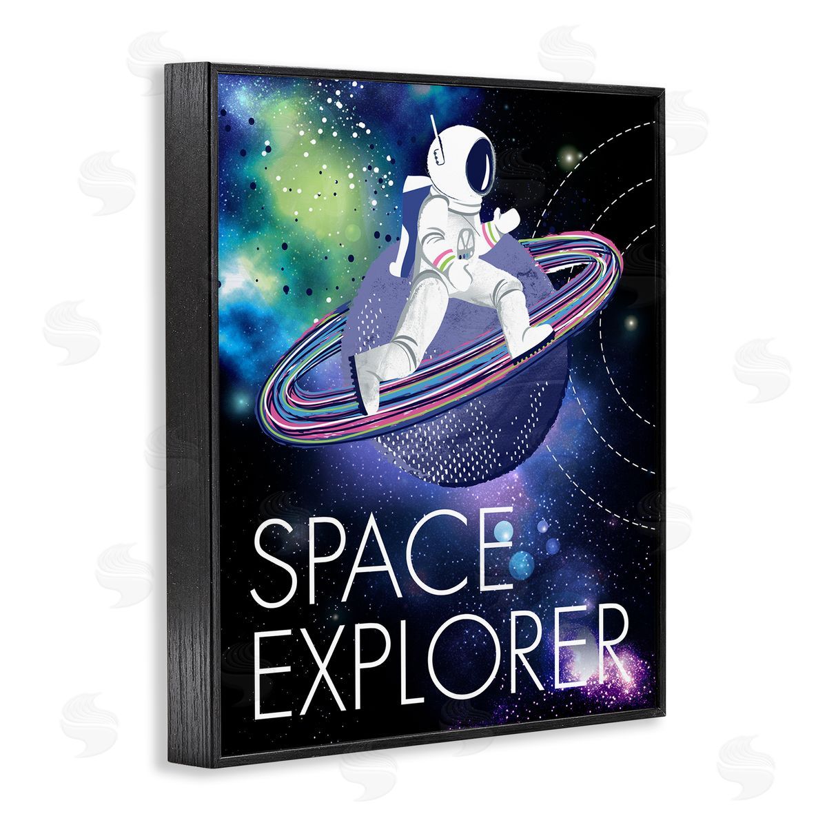 Jennifer Ellory Space Explorer Starry Universe Astronaut on Galaxy Planet Black Framed Giclee Wall Art Print