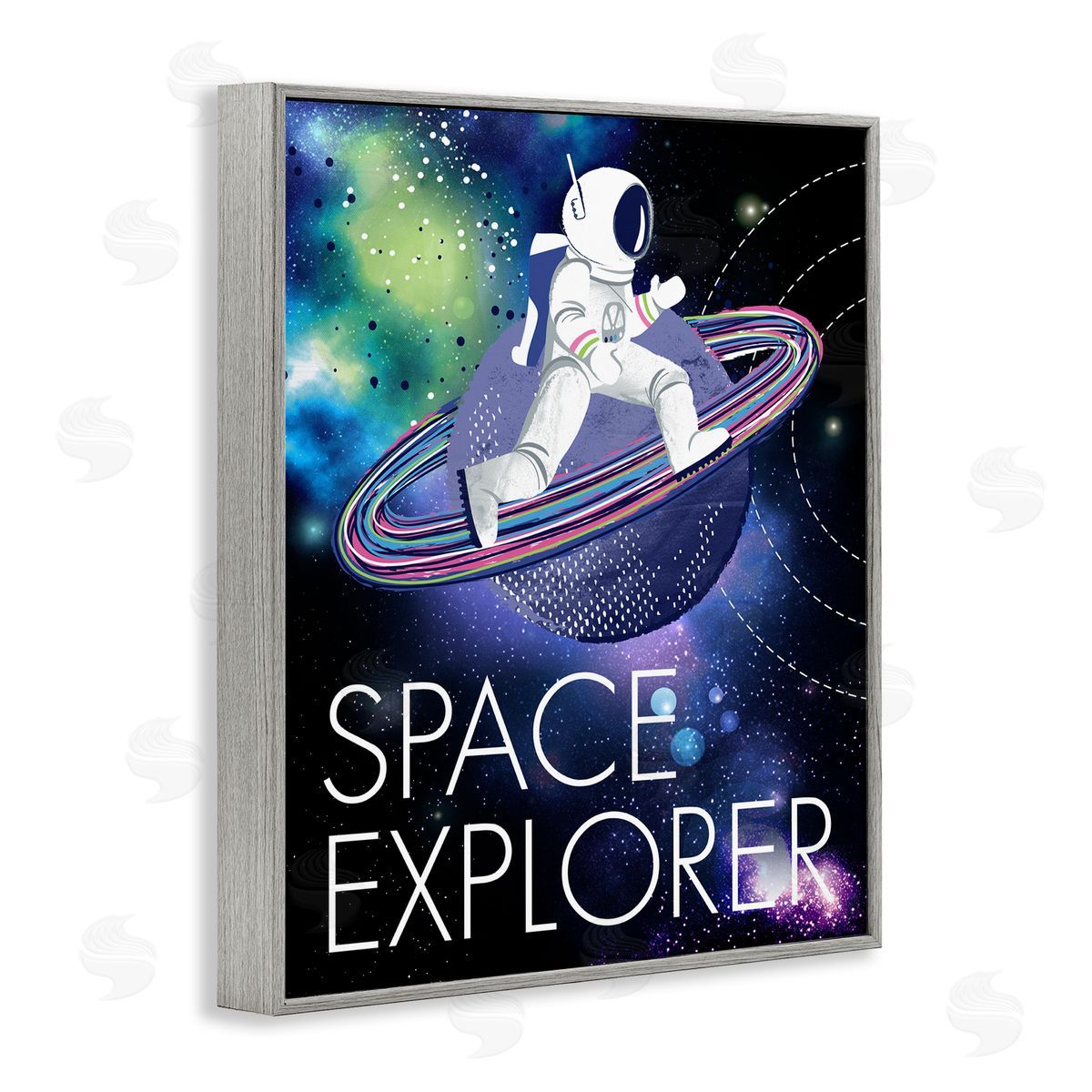 Jennifer Ellory Space Explorer Starry Universe Astronaut on Galaxy Planet Gray Framed Giclee Wall Art Print