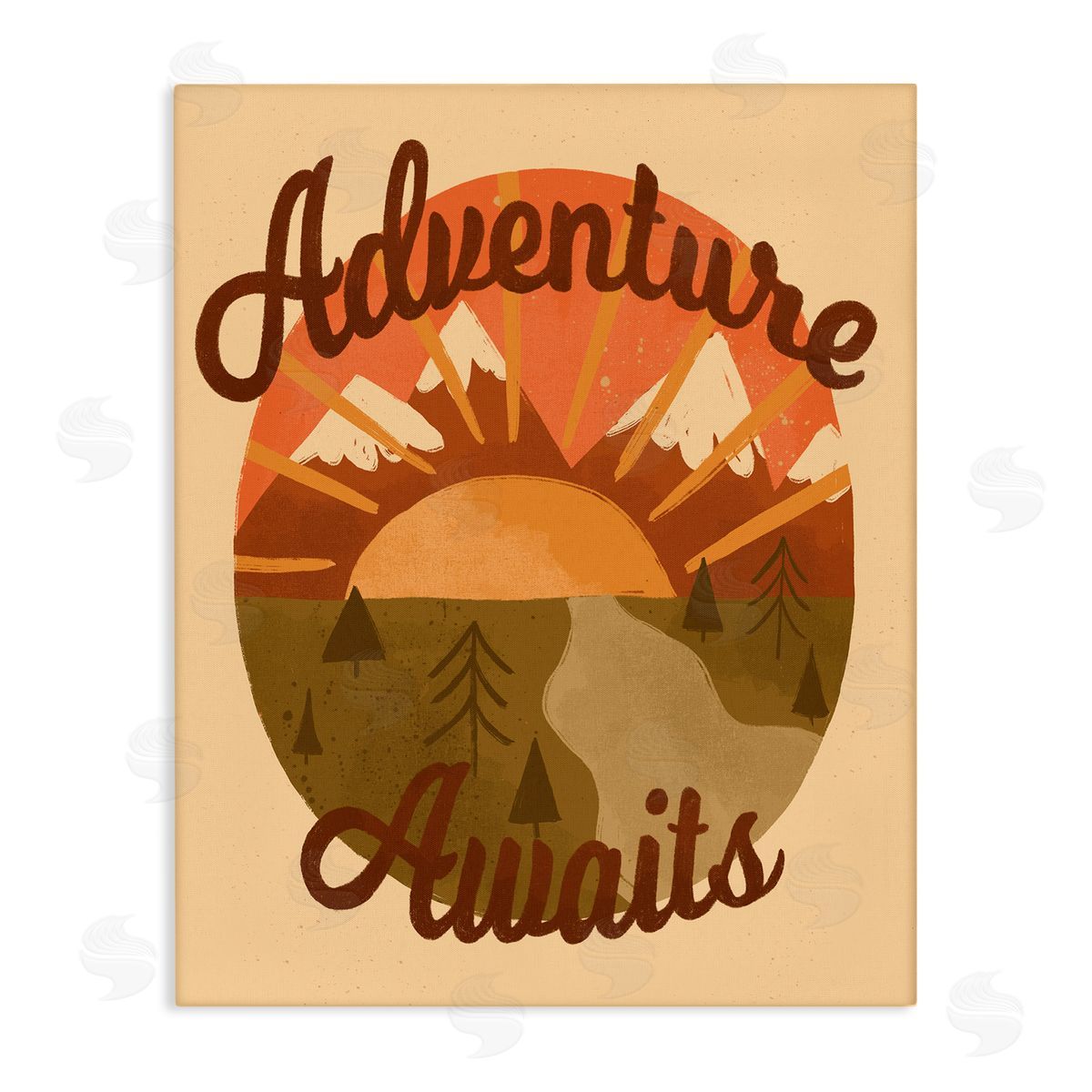 EmmaKisstina Adventure Awaits Mountain Sunrise Scenery Calligraphy Phrase Stretched Canvas Wall Art Print