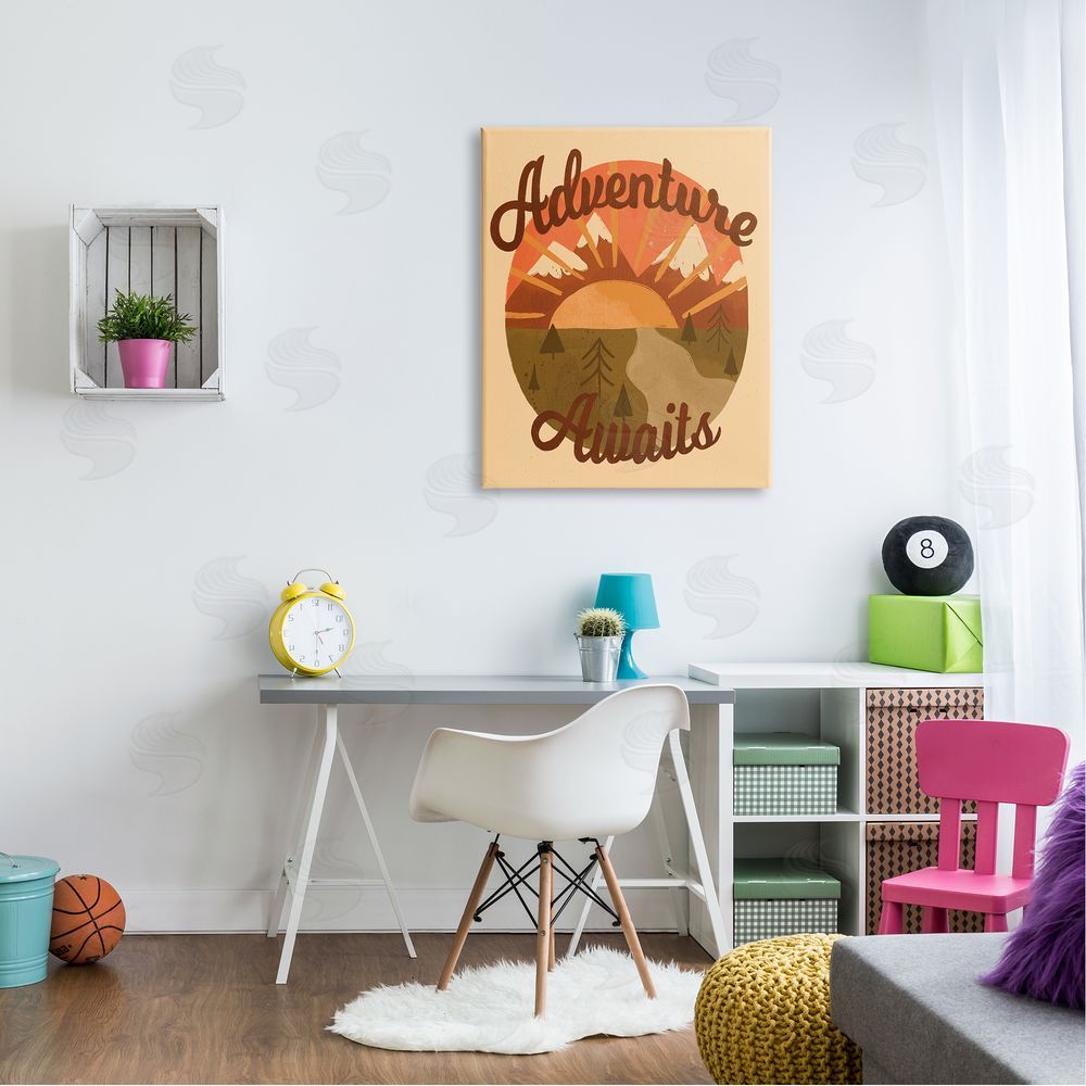 EmmaKisstina Adventure Awaits Mountain Sunrise Scenery Calligraphy Phrase Canvas Wall Art Print in Room