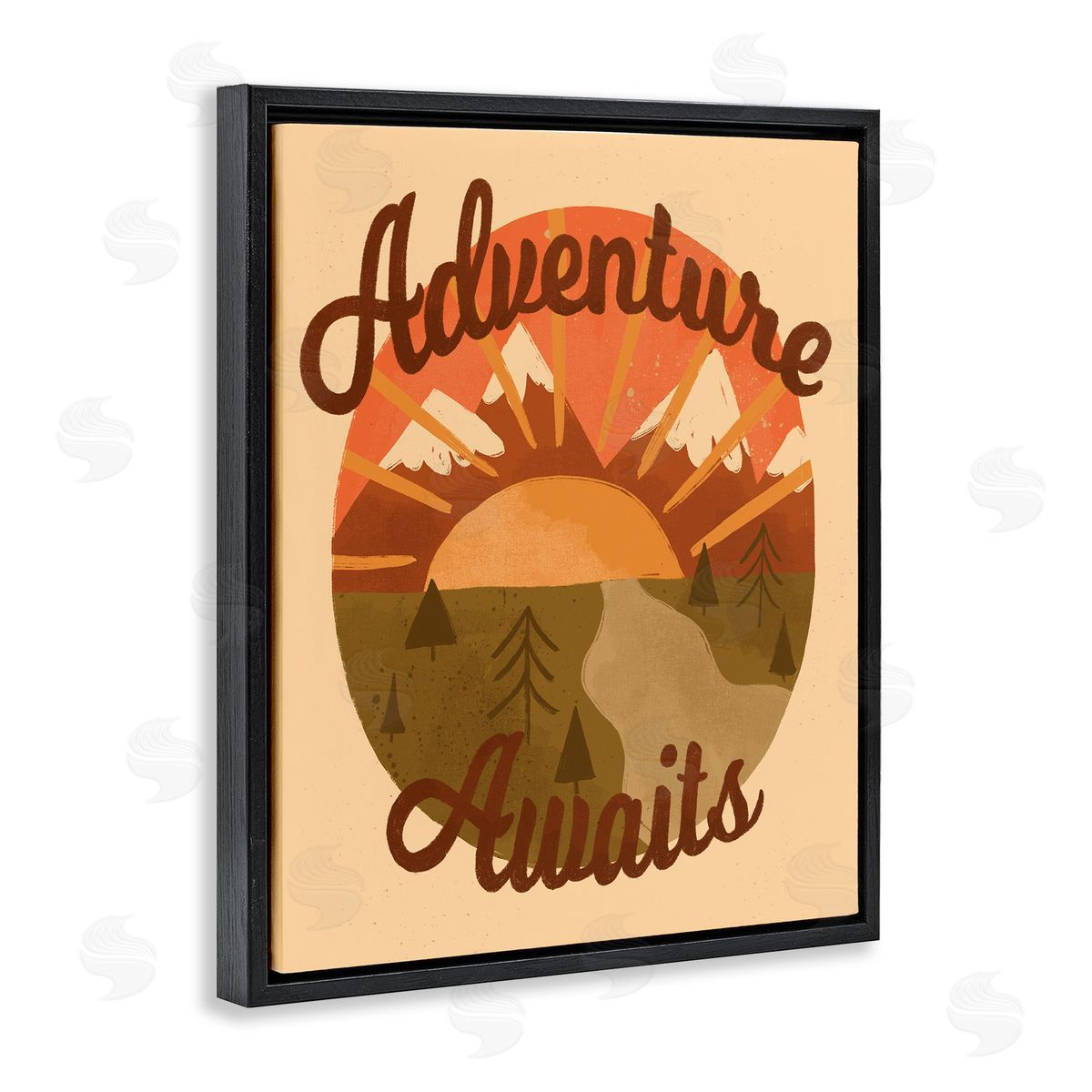 EmmaKisstina Adventure Awaits Mountain Sunrise Scenery Calligraphy Phrase Black Floating Frame Canvas Wall Art Print