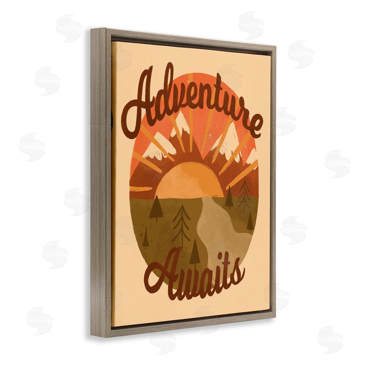 EmmaKisstina Adventure Awaits Mountain Sunrise Scenery Calligraphy Phrase Brown Floating Frame Canvas Wall Art Print