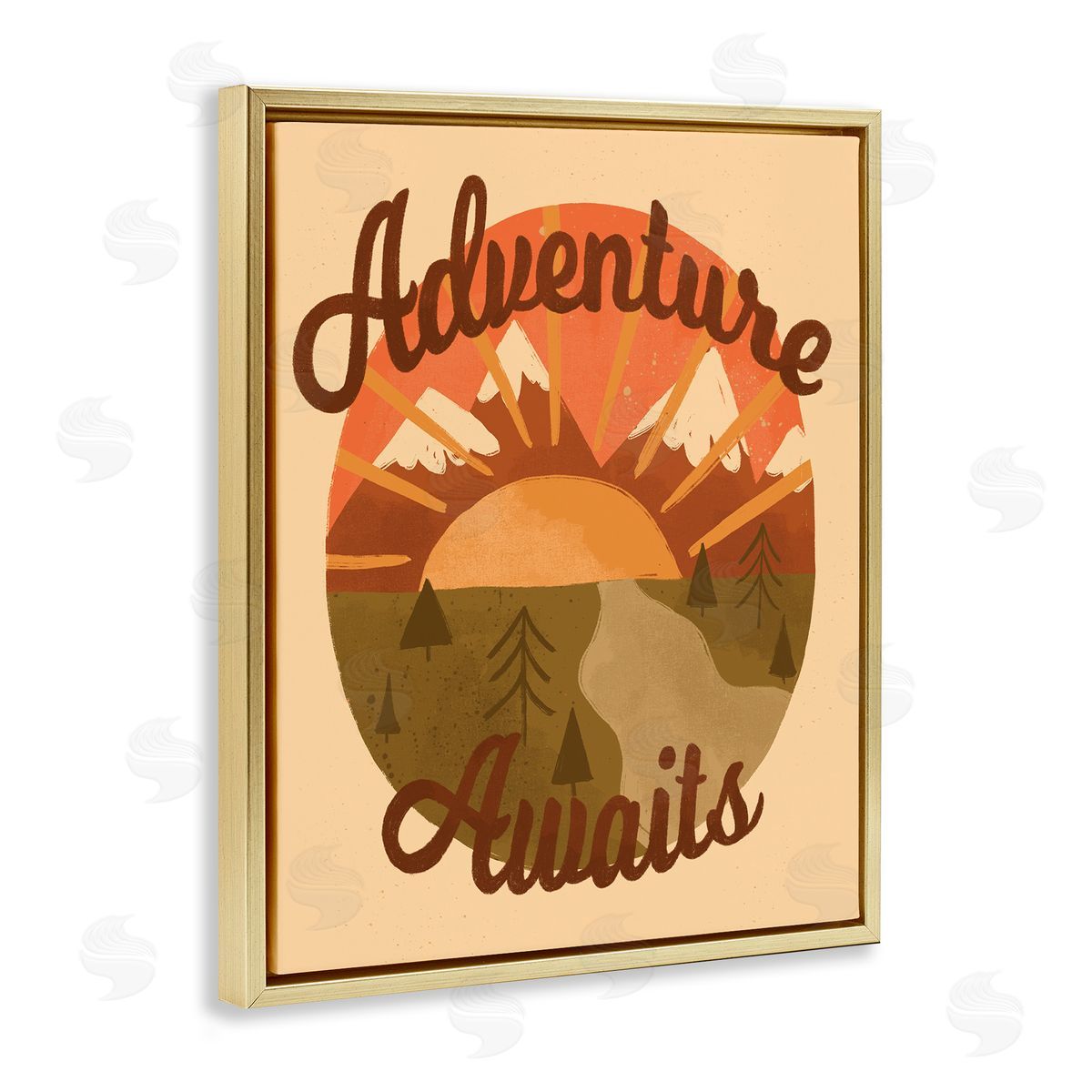 EmmaKisstina Adventure Awaits Mountain Sunrise Scenery Calligraphy Phrase Gold Floating Frame Canvas Wall Art Print