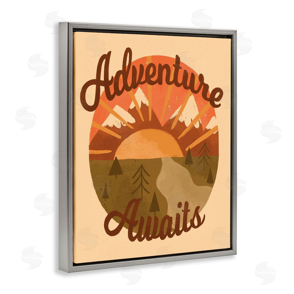 EmmaKisstina Adventure Awaits Mountain Sunrise Scenery Calligraphy Phrase Gray Floating Frame Canvas Wall Art Print