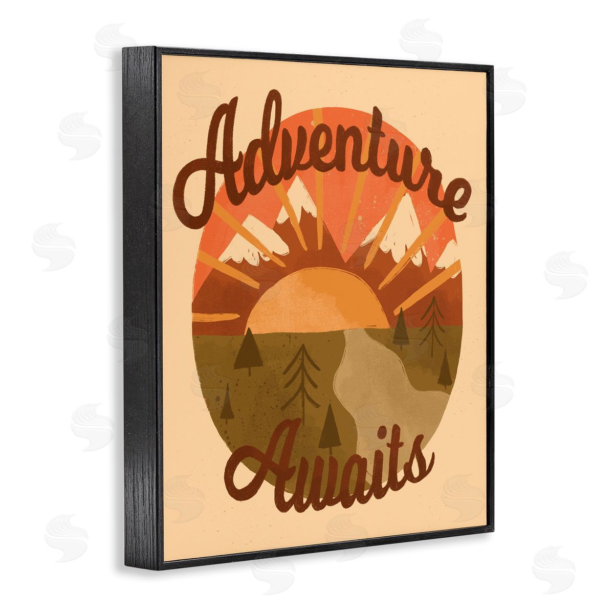 EmmaKisstina Adventure Awaits Mountain Sunrise Scenery Calligraphy Phrase Black Framed Giclee Wall Art Print