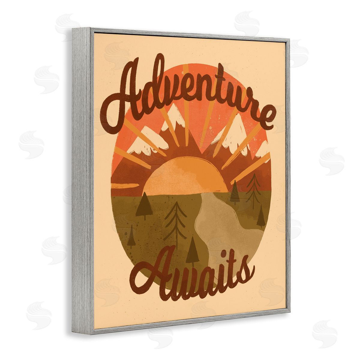 EmmaKisstina Adventure Awaits Mountain Sunrise Scenery Calligraphy Phrase Gray Framed Giclee Wall Art Print