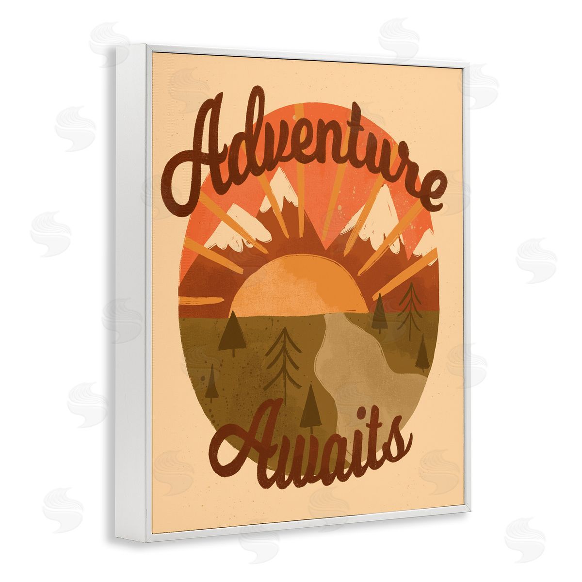 EmmaKisstina Adventure Awaits Mountain Sunrise Scenery Calligraphy Phrase White Framed Giclee Wall Art Print