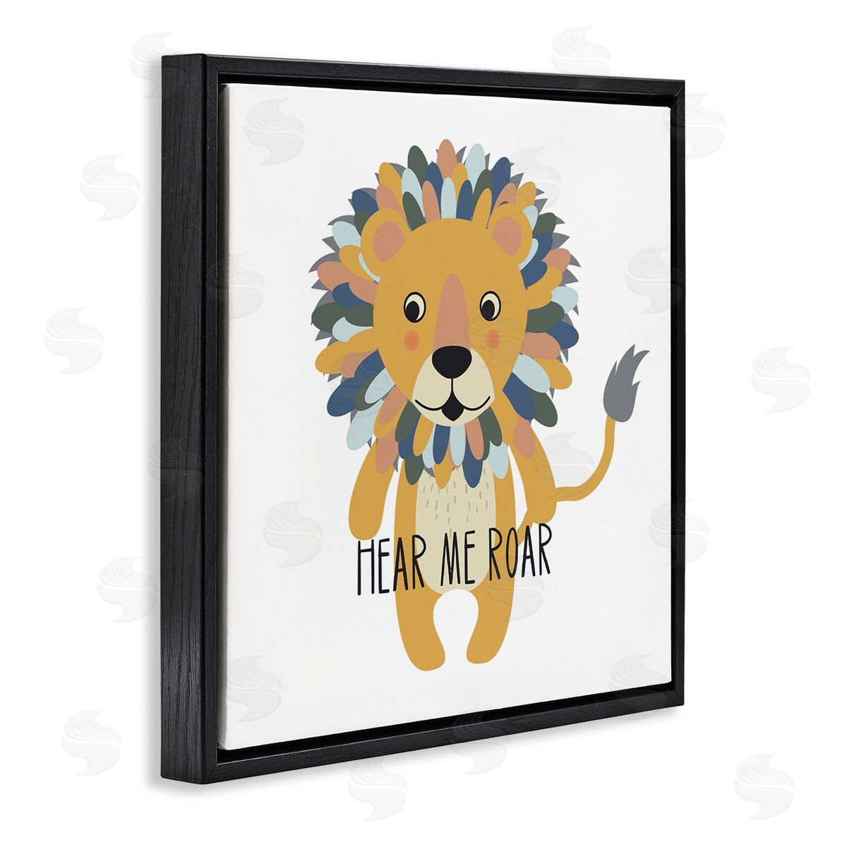 Linda Birtel Hear Me Roar Smiling Lion Fluffy Teal Mane  Black Floating Frame Canvas Wall Art Print