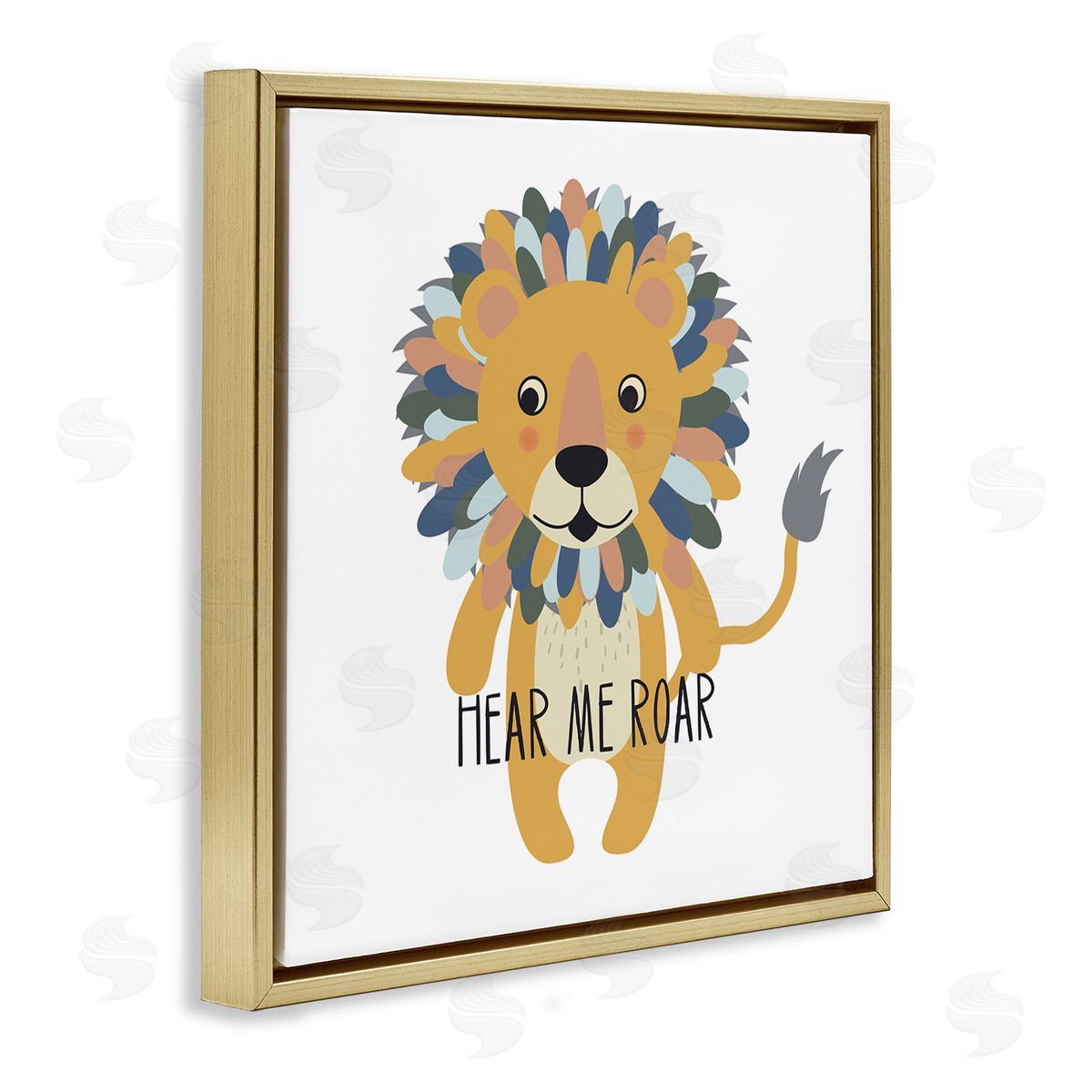 Linda Birtel Hear Me Roar Smiling Lion Fluffy Teal Mane  Gold Floating Frame Canvas Wall Art Print