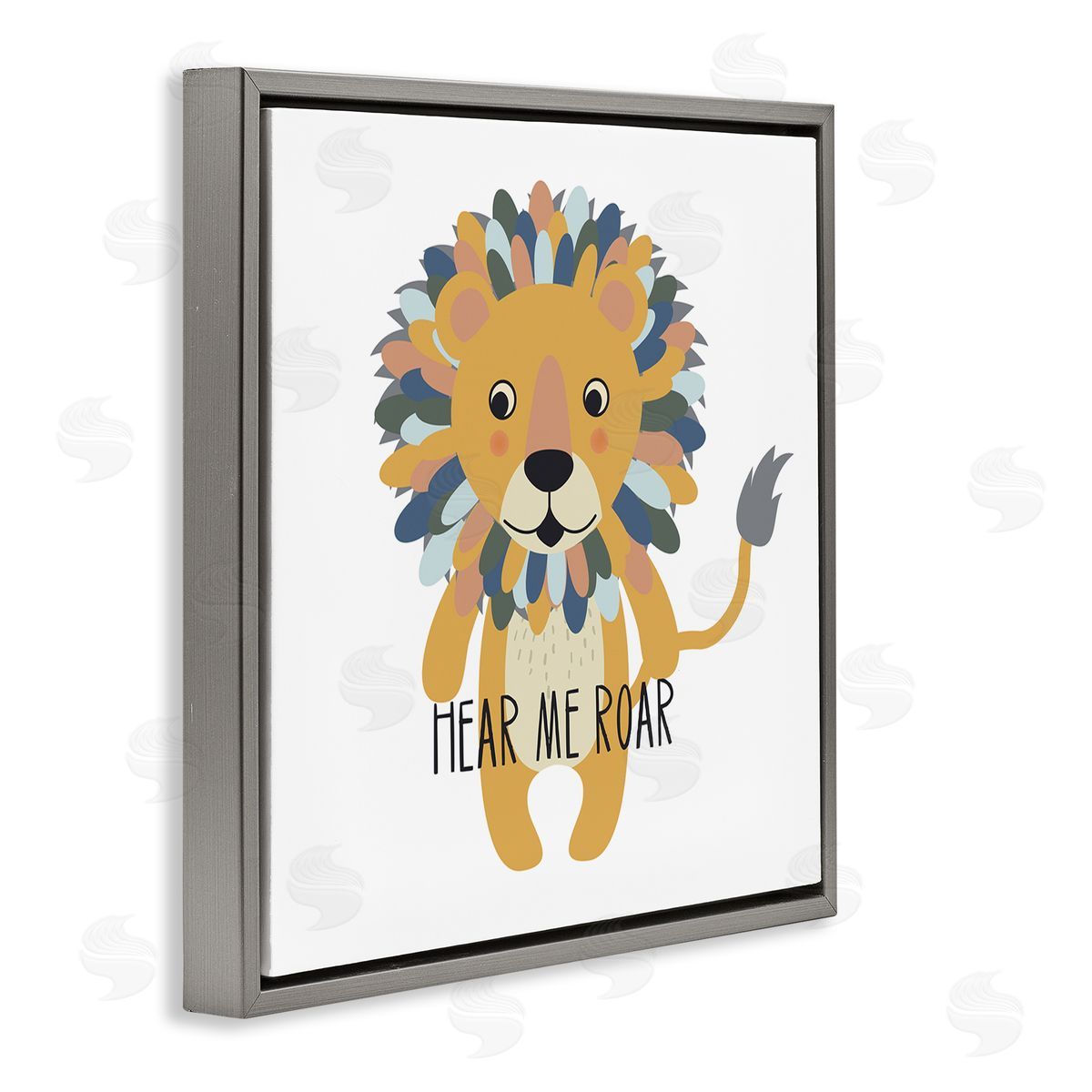 Linda Birtel Hear Me Roar Smiling Lion Fluffy Teal Mane  Gray Floating Frame Canvas Wall Art Print