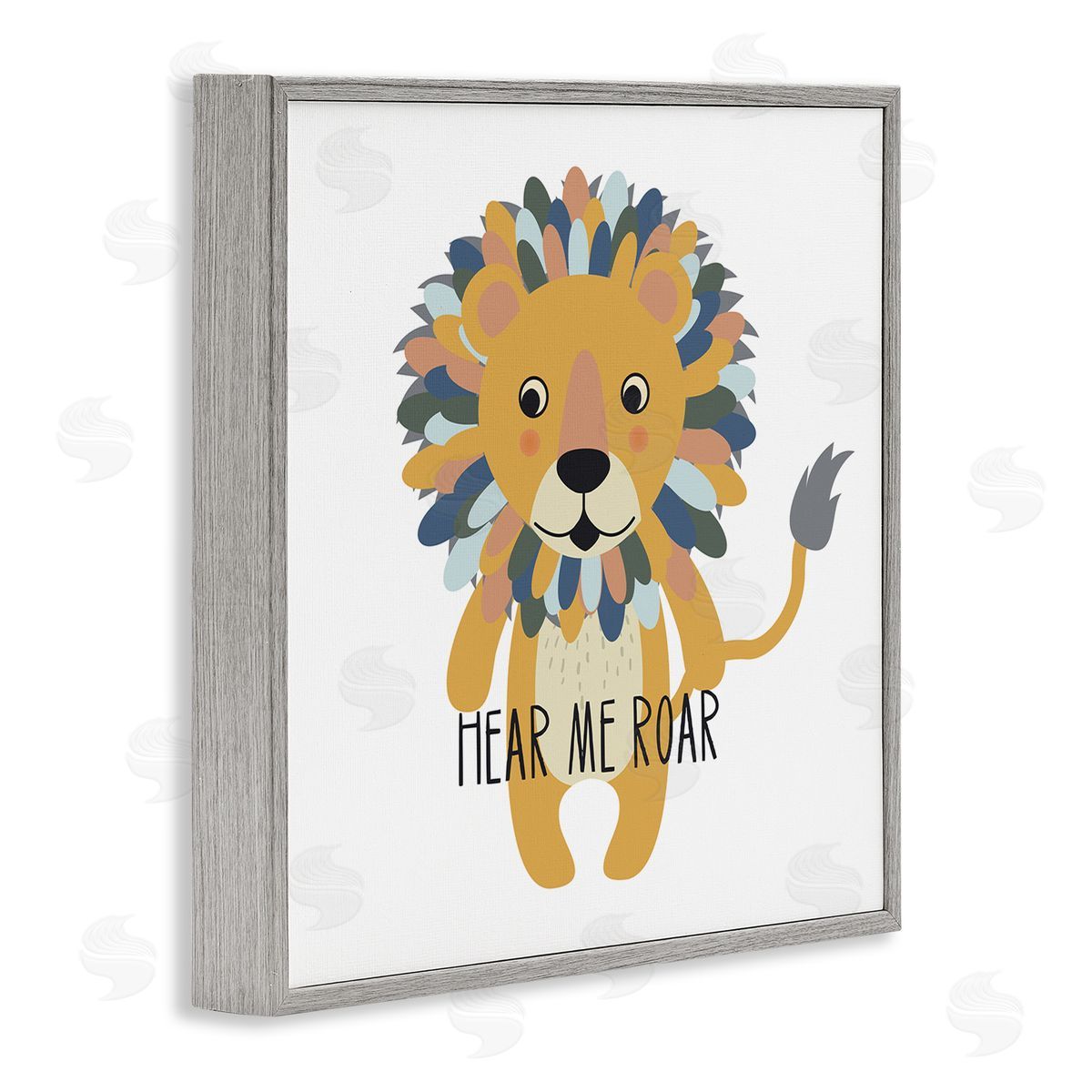 Linda Birtel Hear Me Roar Smiling Lion Fluffy Teal Mane  Gray Framed Glicee Wall Art Print