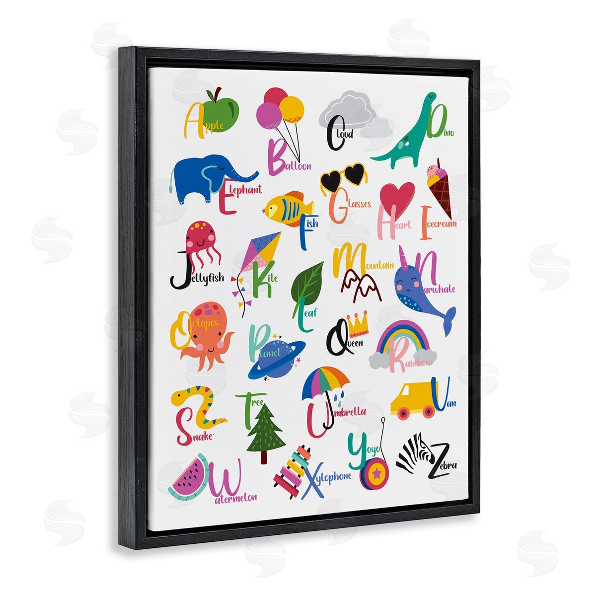 Louise Allens Learning Alphabet Letters  Animals Food Things  Black Floating Frame Canvas Wall Art Print