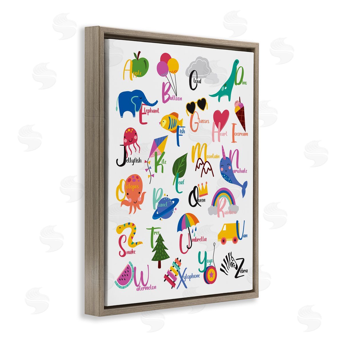 Louise Allens Learning Alphabet Letters  Animals Food Things  Brown Floating Frame Canvas Wall Art Print