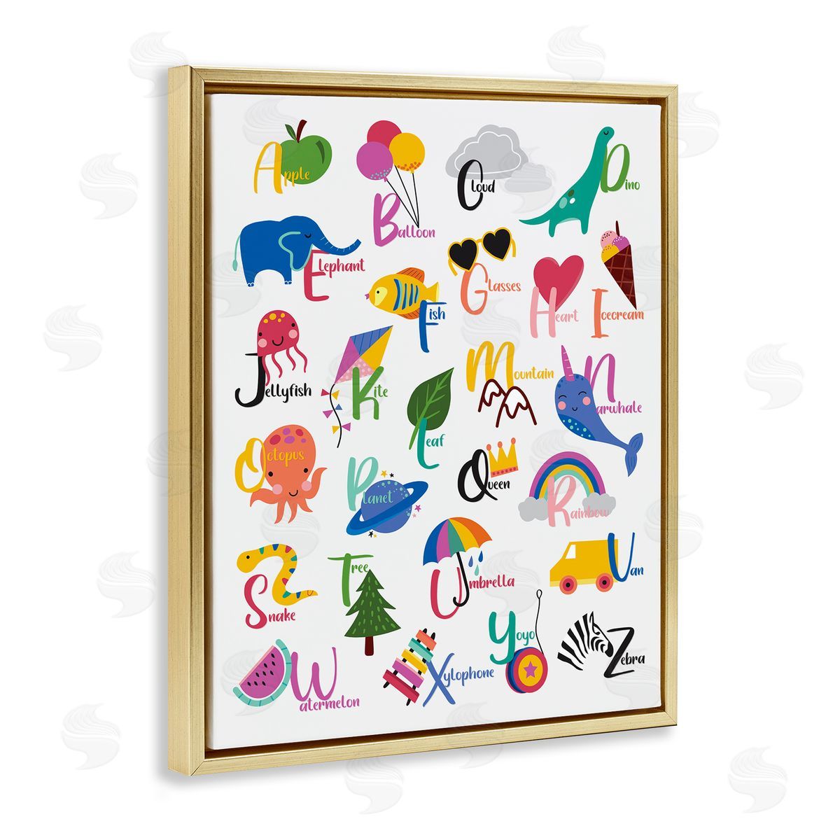 Louise Allens Learning Alphabet Letters  Animals Food Things  Gold Floating Frame Canvas Wall Art Print