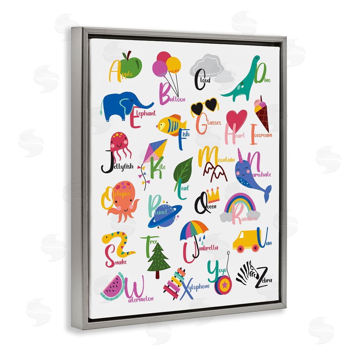 Louise Allens Learning Alphabet Letters  Animals Food Things  Gray Floating Frame Canvas Wall Art Print