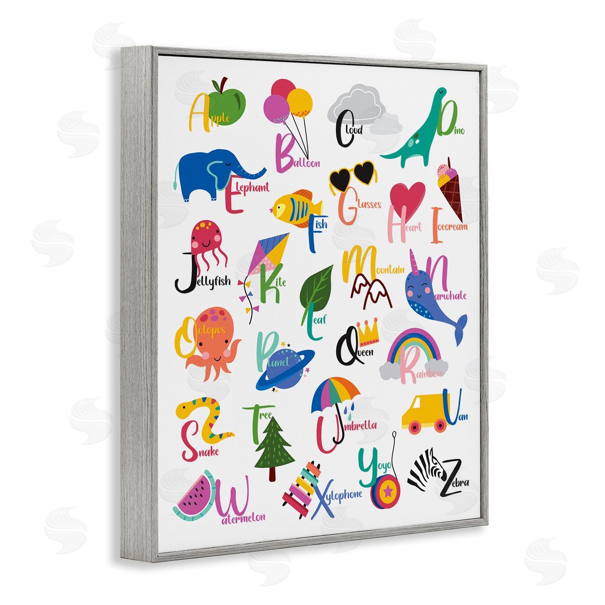 Louise Allens Learning Alphabet Letters  Animals Food Things  Gray Framed Giclee Wall Art Print