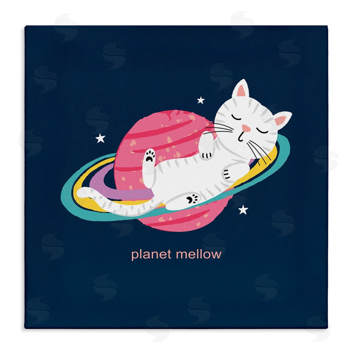 Lisa Perry Whitebutton Planet Mellow Tired White Cat Sleeping Saturn Rings  Stretched Canvas Wall Art Print