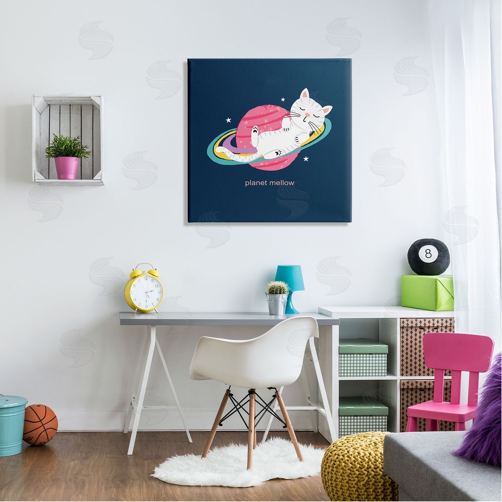 Lisa Perry Whitebutton Planet Mellow Tired White Cat Sleeping Saturn Rings  Canvas Wall Art in Room