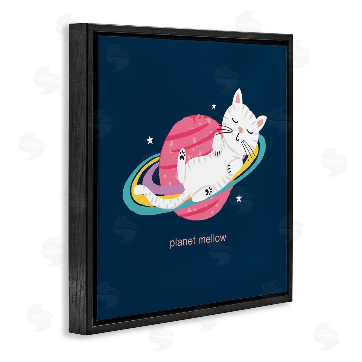 Lisa Perry Whitebutton Planet Mellow Tired White Cat Sleeping Saturn Rings  Black Floating Frame Canvas Wall Art Print