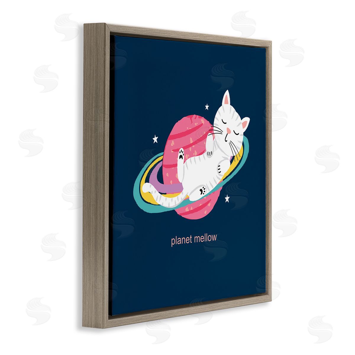 Lisa Perry Whitebutton Planet Mellow Tired White Cat Sleeping Saturn Rings  Brown Floating Frame Canvas Wall Art Print