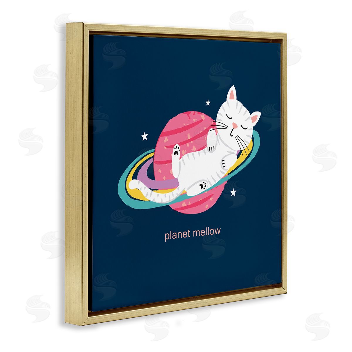 Lisa Perry Whitebutton Planet Mellow Tired White Cat Sleeping Saturn Rings  Gold Floating Frame Canvas Wall Art Print
