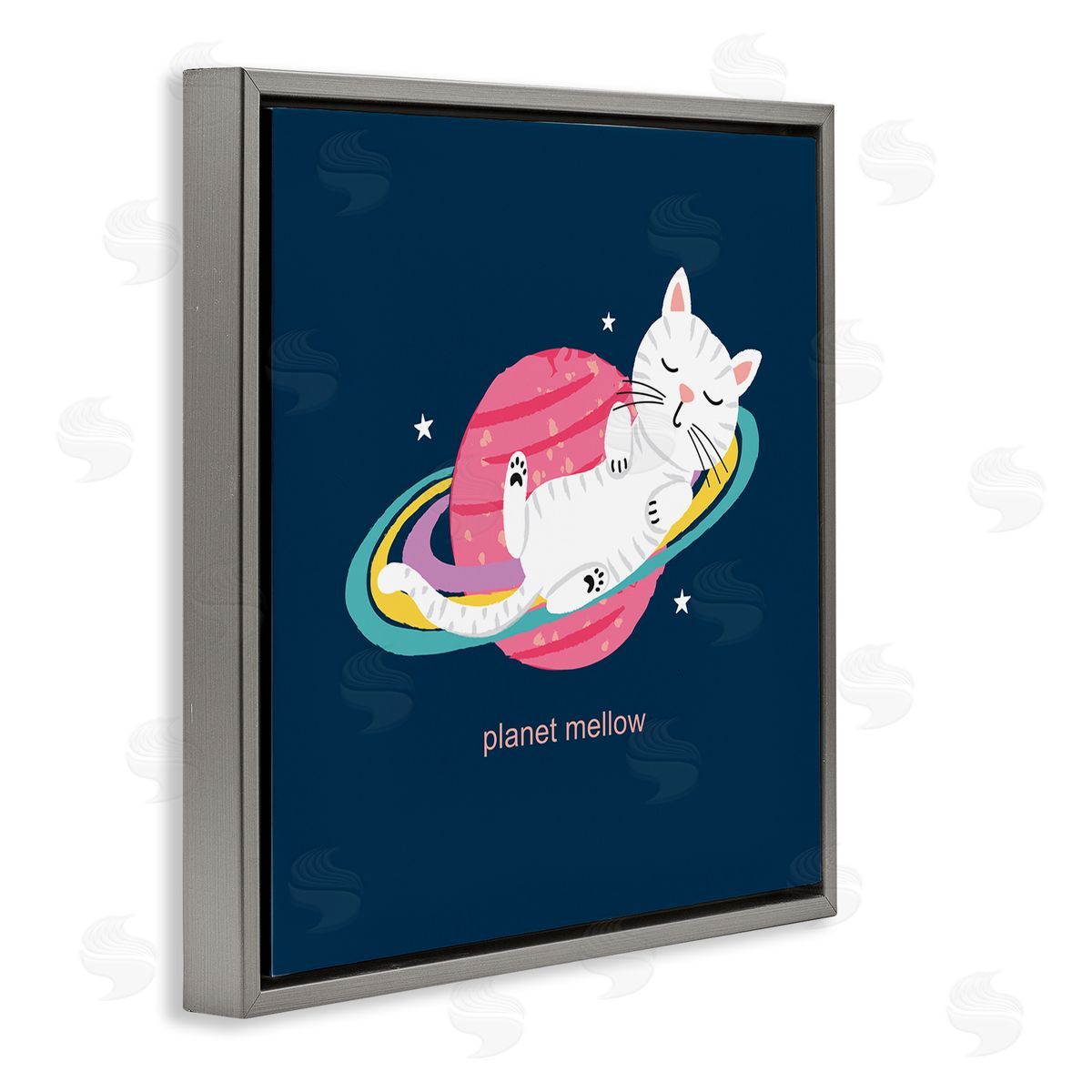 Lisa Perry Whitebutton Planet Mellow Tired White Cat Sleeping Saturn Rings  Gray Floating Frame Canvas Wall Art Print