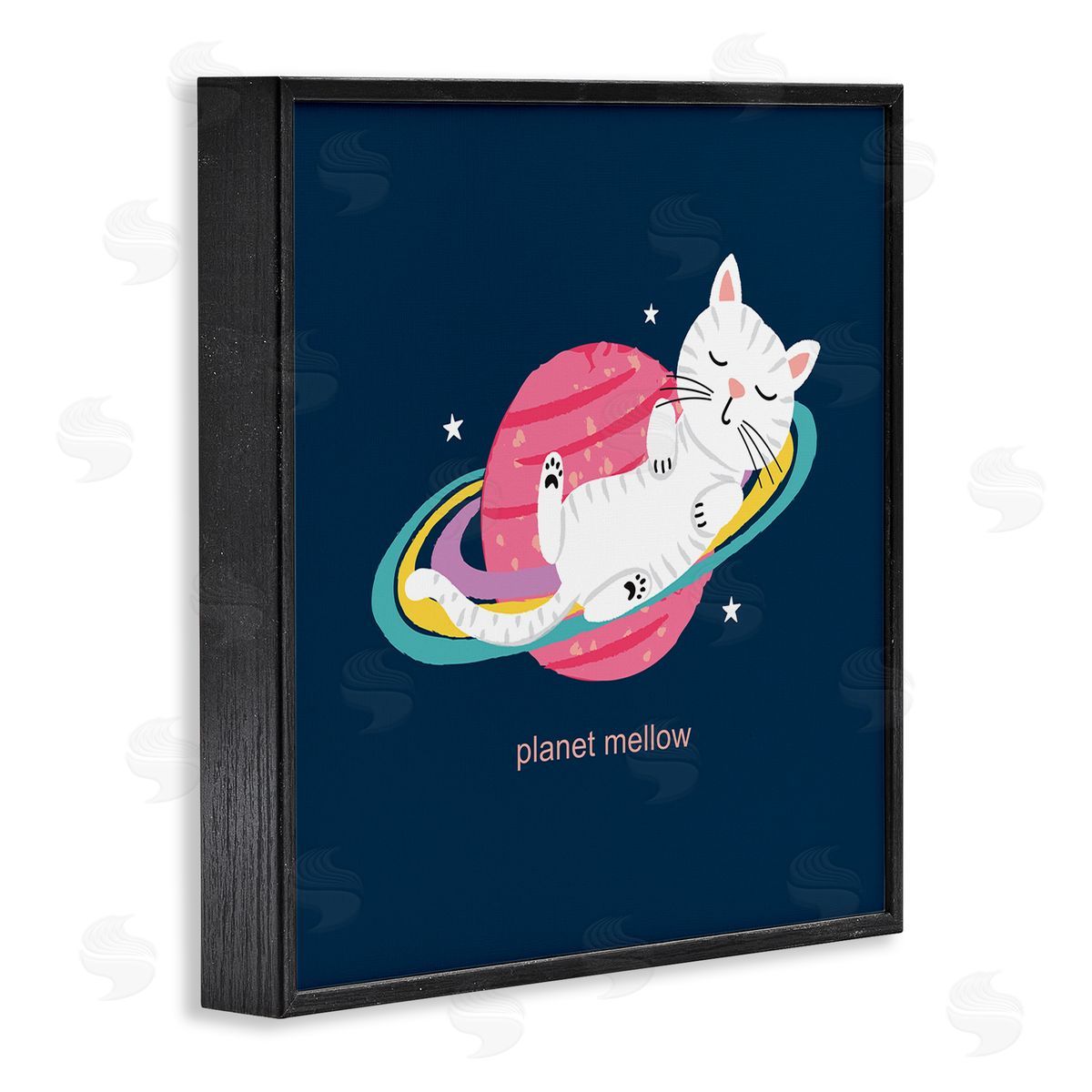 Lisa Perry Whitebutton Planet Mellow Tired White Cat Sleeping Saturn Rings  Black Framed Glicee Wall Art Print