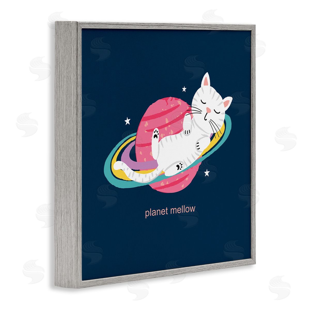 Lisa Perry Whitebutton Planet Mellow Tired White Cat Sleeping Saturn Rings  Gray Framed Glicee Wall Art Print