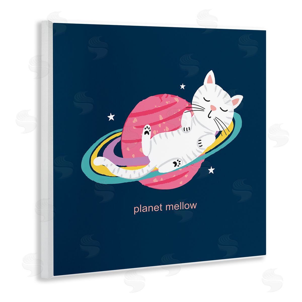 Lisa Perry Whitebutton Planet Mellow Tired White Cat Sleeping Saturn Rings  Wooden Wall Plaque Art Print