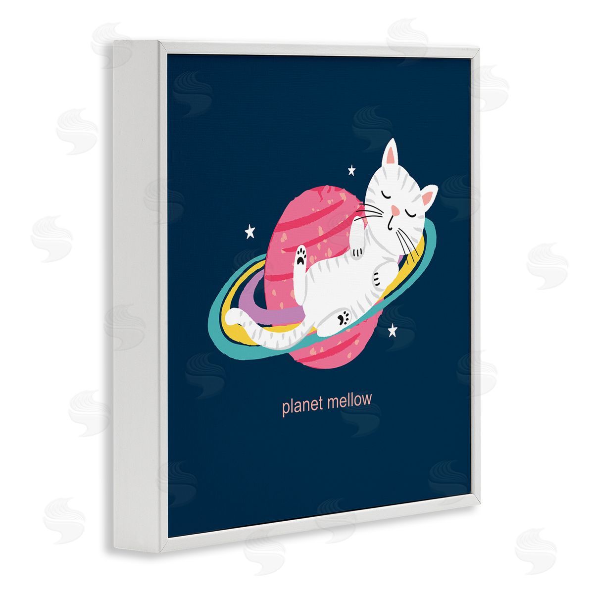 Lisa Perry Whitebutton Planet Mellow Tired White Cat Sleeping Saturn Rings  White Framed Glicee Wall Art Print