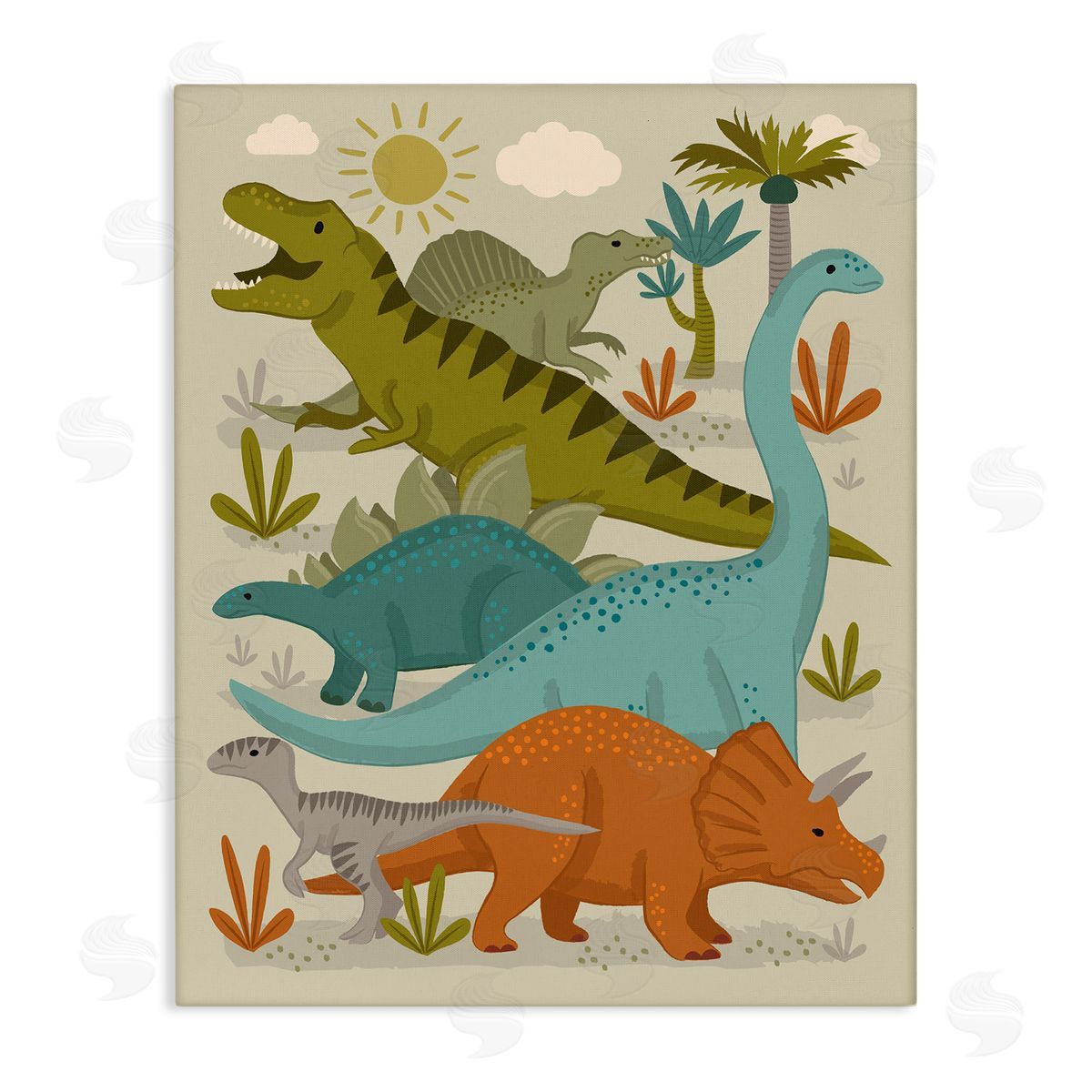 Lisa Perry Whitebutton Mixed Dinosaurs Grazing Wildlife Botanicals Sunny Day Stretched Canvas Wall Art Print