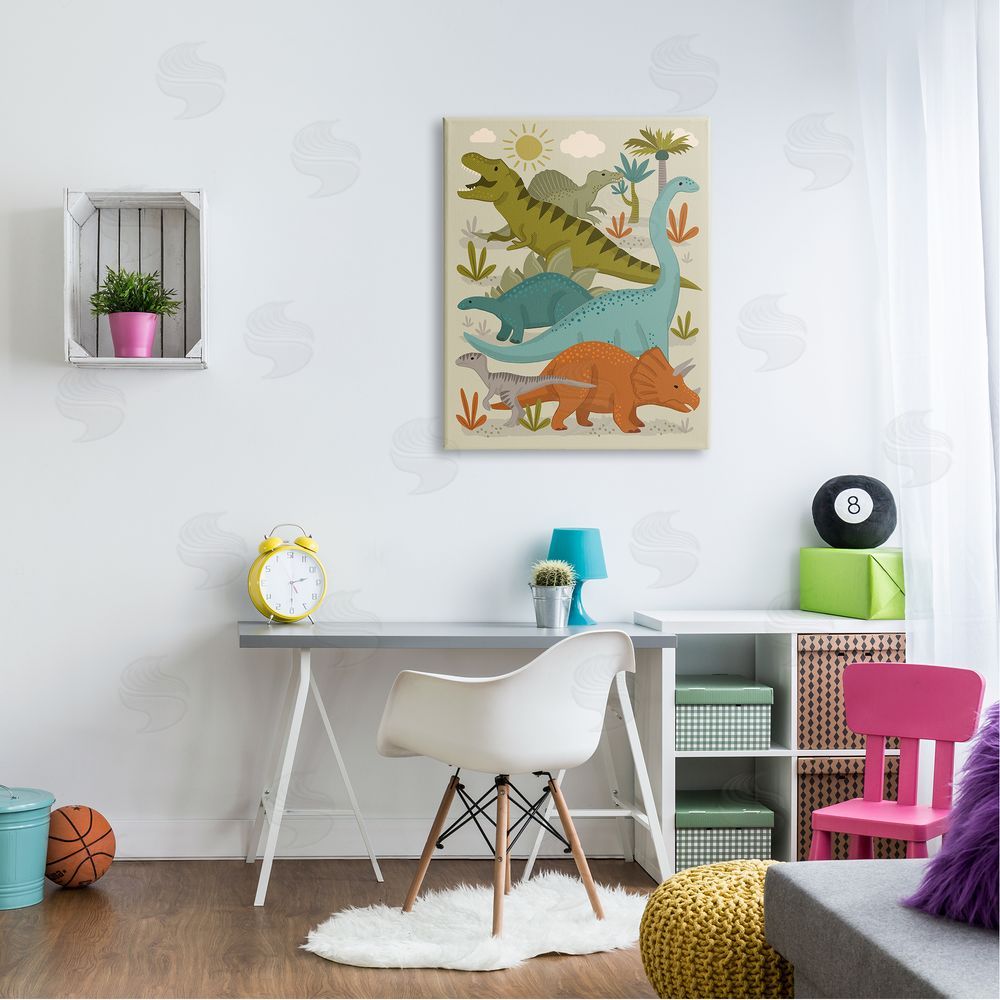 Lisa Perry Whitebutton Mixed Dinosaurs Grazing Wildlife Botanicals Sunny Day Canvas Wall Art Print in Room