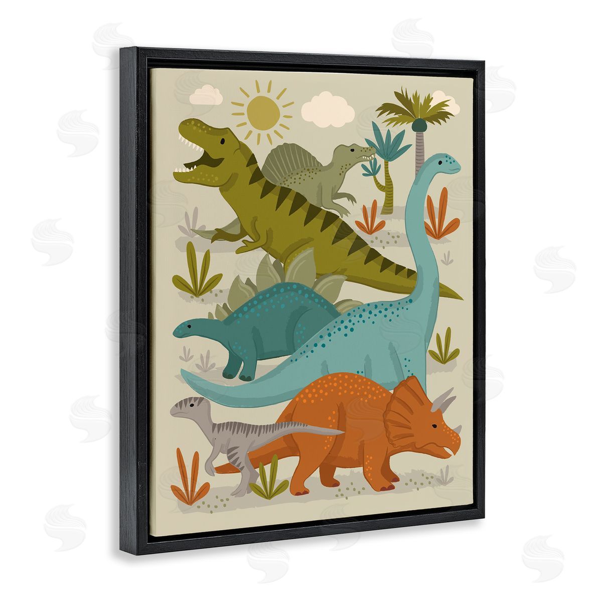 Lisa Perry Whitebutton Mixed Dinosaurs Grazing Wildlife Botanicals Sunny Day Black Floating Frame Canvas Wall Art Print