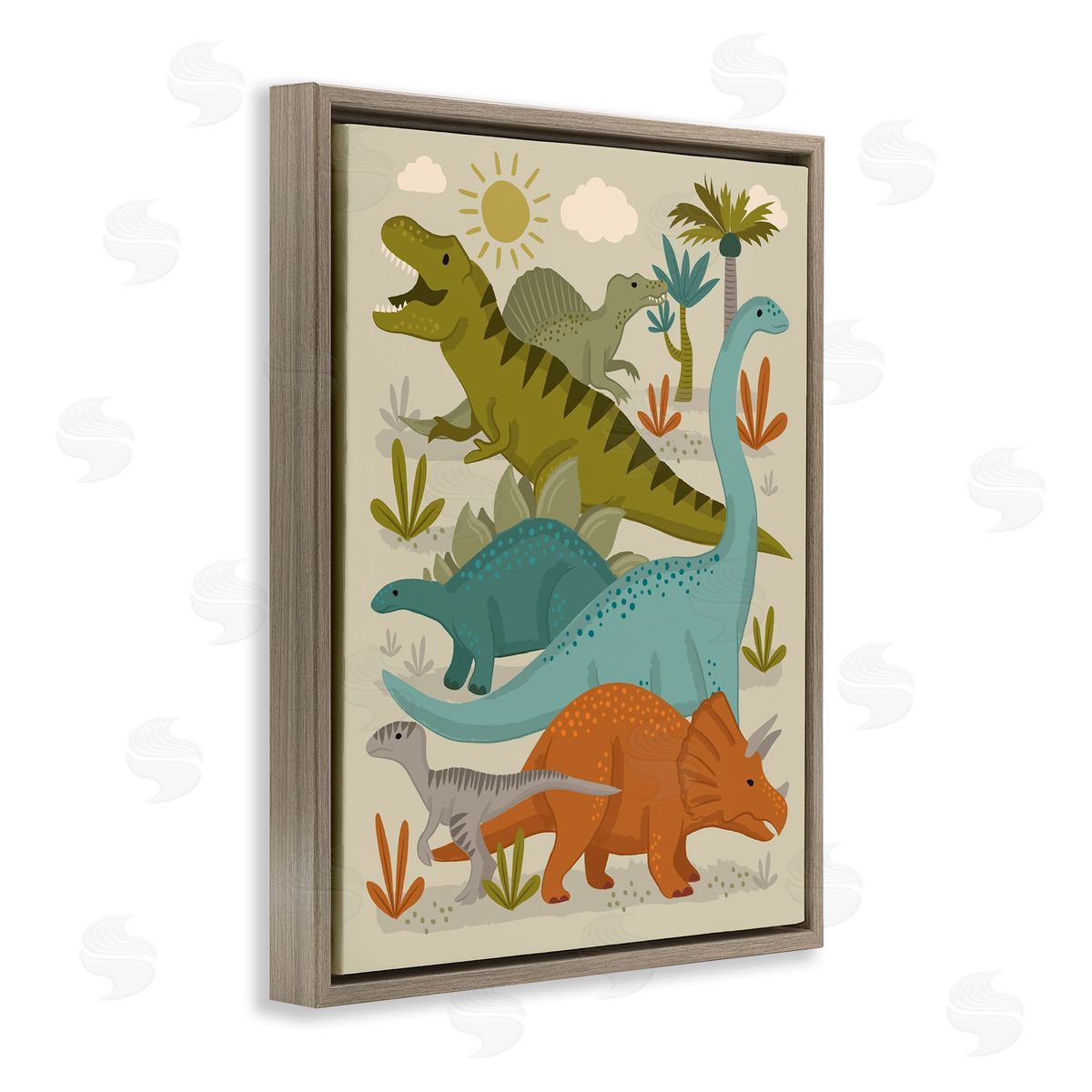 Lisa Perry Whitebutton Mixed Dinosaurs Grazing Wildlife Botanicals Sunny Day Brown Floating Frame Canvas Wall Art Print