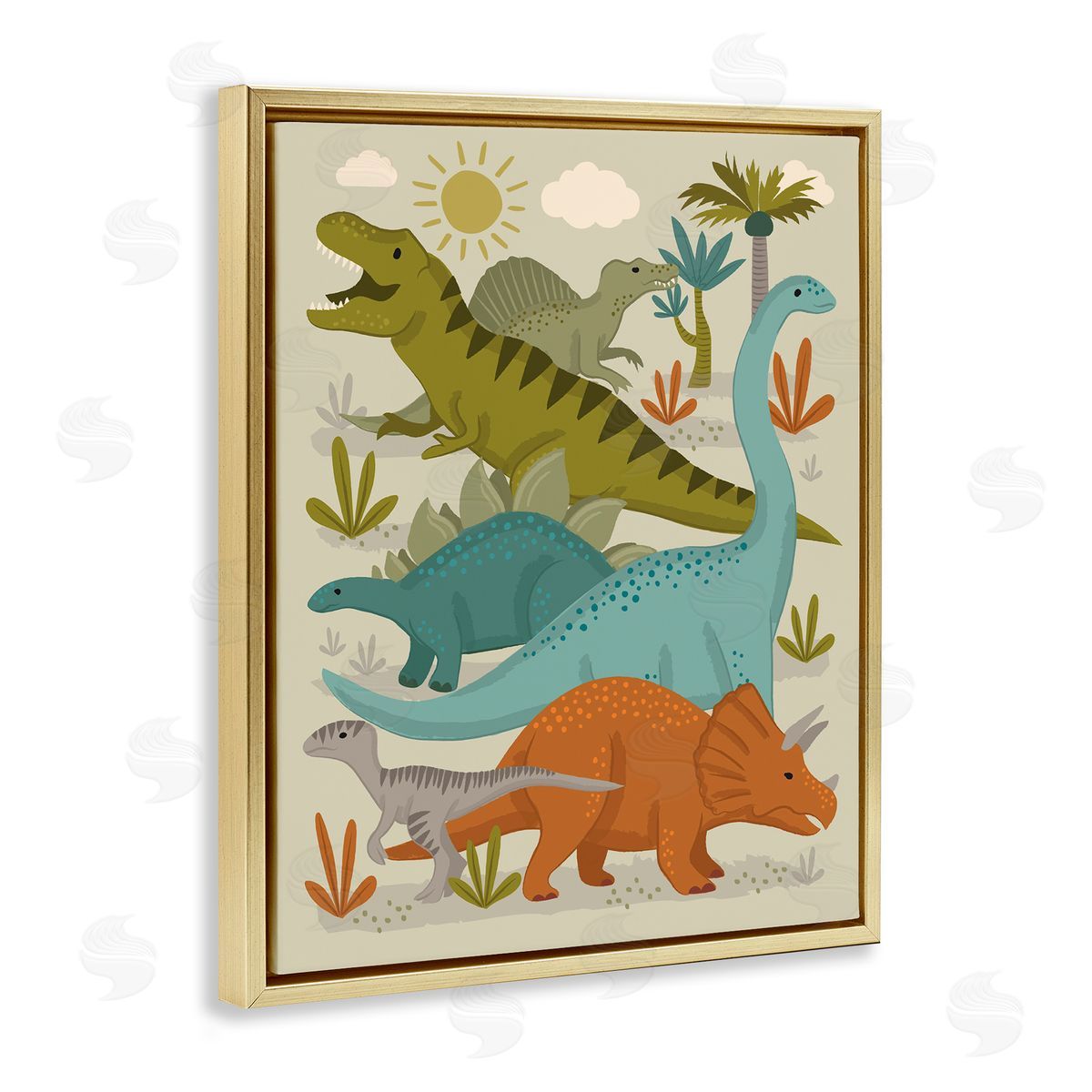 Lisa Perry Whitebutton Mixed Dinosaurs Grazing Wildlife Botanicals Sunny Day Gold Floating Frame Canvas Wall Art Print