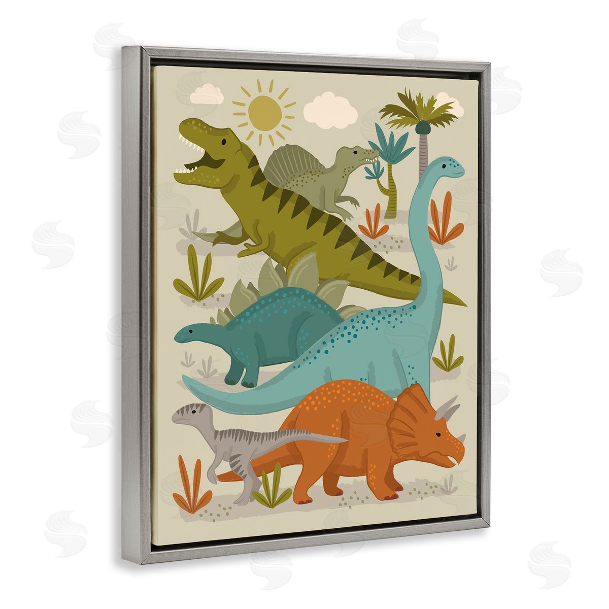 Lisa Perry Whitebutton Mixed Dinosaurs Grazing Wildlife Botanicals Sunny Day Gray Floating Frame Canvas Wall Art Print