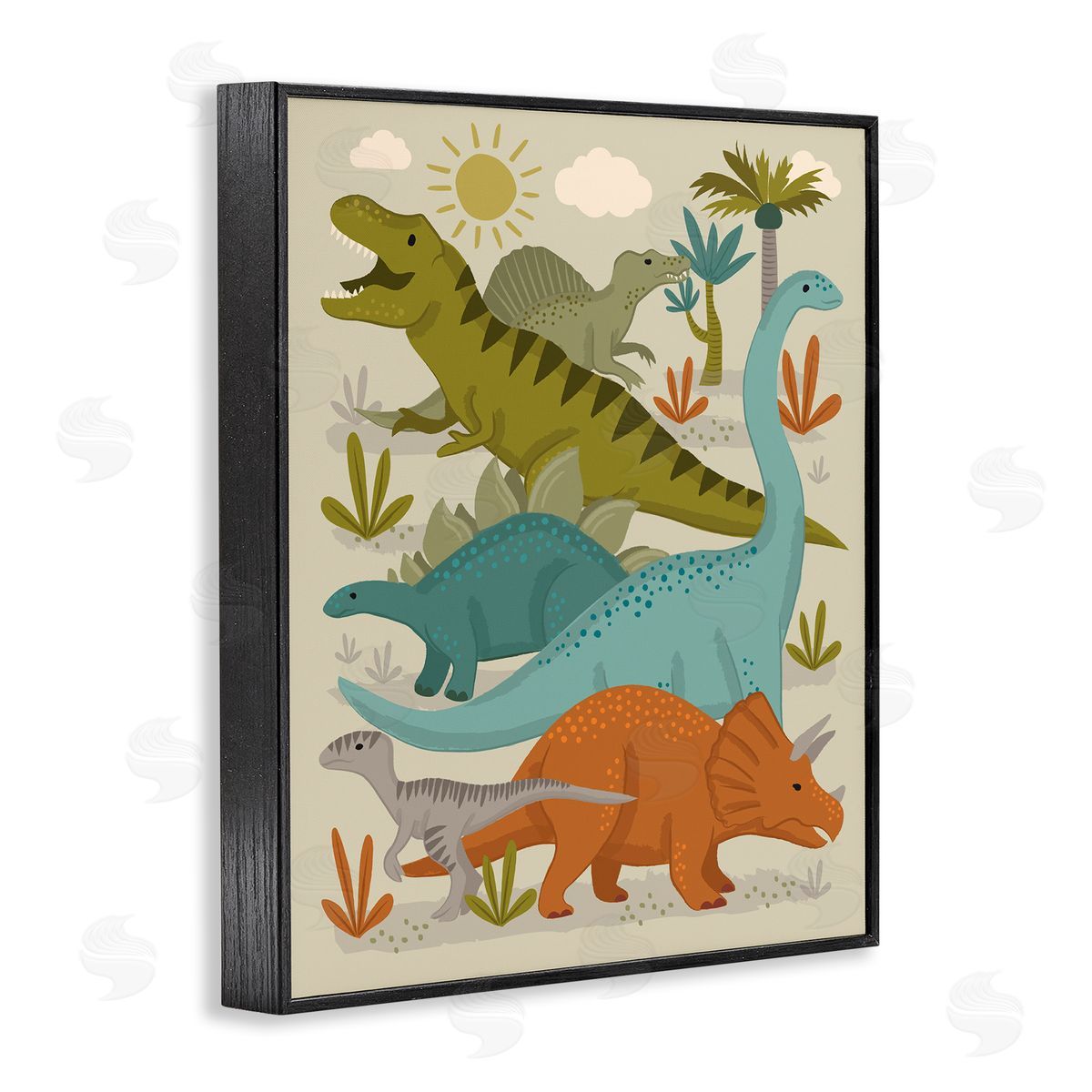 Lisa Perry Whitebutton Mixed Dinosaurs Grazing Wildlife Botanicals Sunny Day Black Framed Giclee Wall Art Print