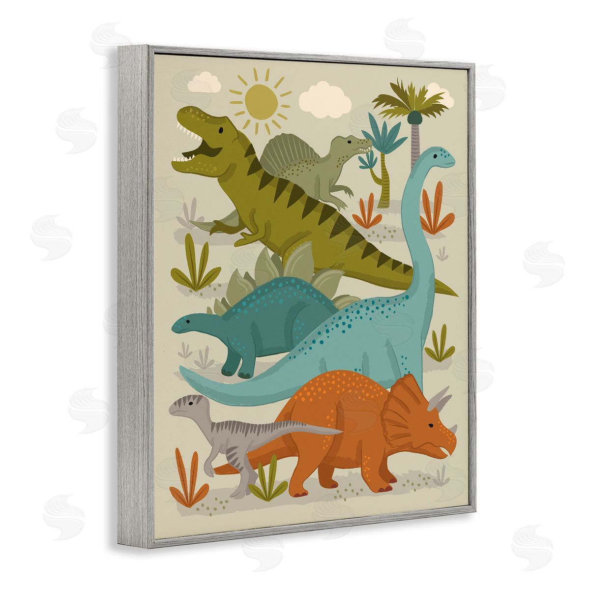 Lisa Perry Whitebutton Mixed Dinosaurs Grazing Wildlife Botanicals Sunny Day Gray Framed Giclee Wall Art Print