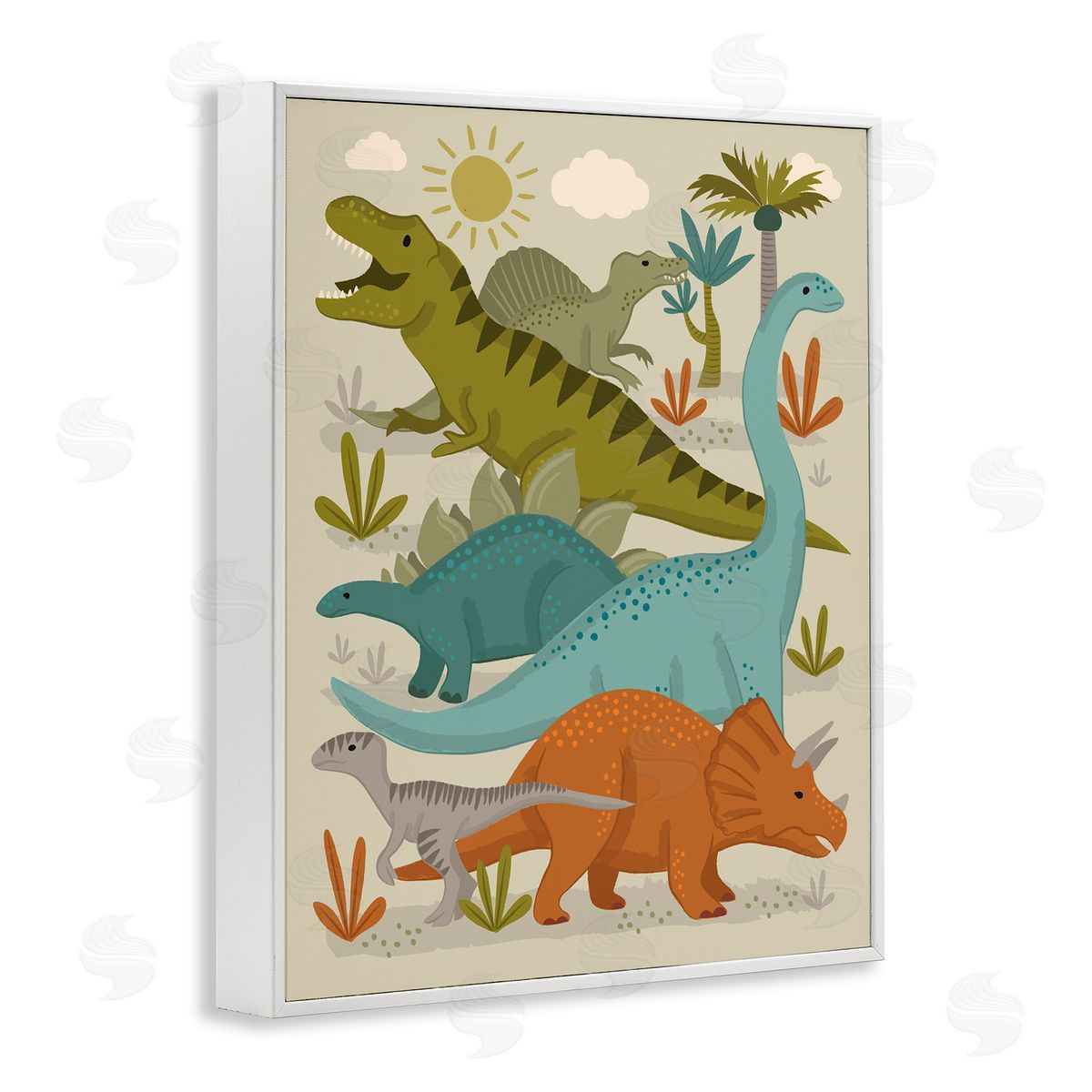 Lisa Perry Whitebutton Mixed Dinosaurs Grazing Wildlife Botanicals Sunny Day White Framed Giclee Wall Art Print
