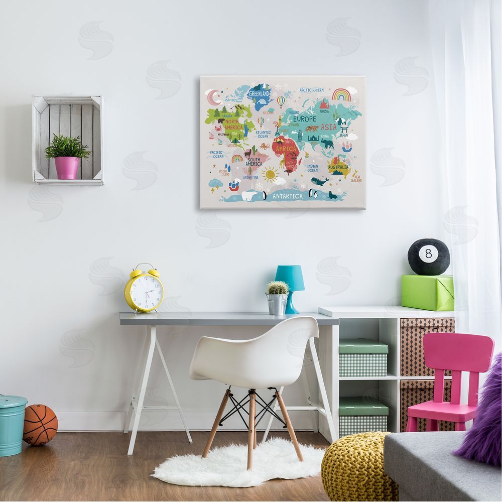 Lisa Perry Whitebutton Landmarks & Wildlife Illustration World Map Diagram Chart Canvas Wall Art Print in Room