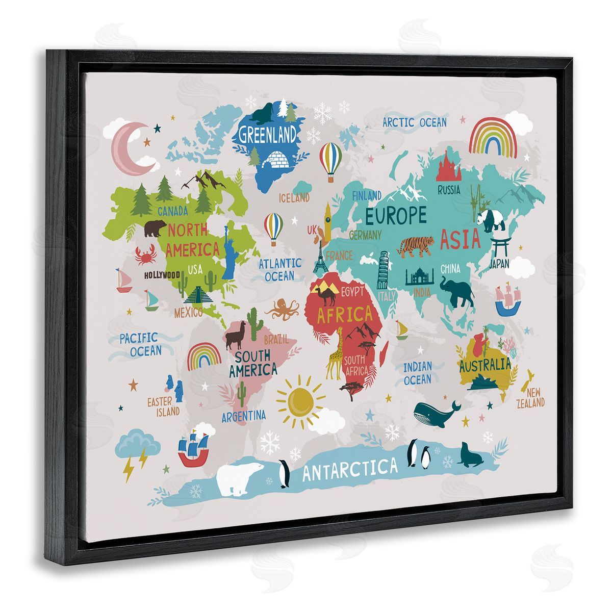 Lisa Perry Whitebutton Landmarks & Wildlife Illustration World Map Diagram Chart Black Floating Frame Canvas Wall Art Print
