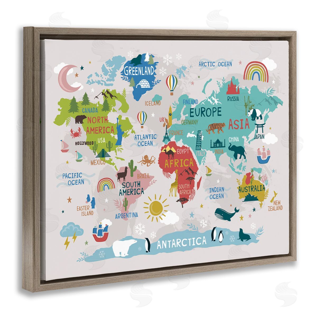Lisa Perry Whitebutton Landmarks & Wildlife Illustration World Map Diagram Chart Brown Floating Frame Canvas Wall Art Print
