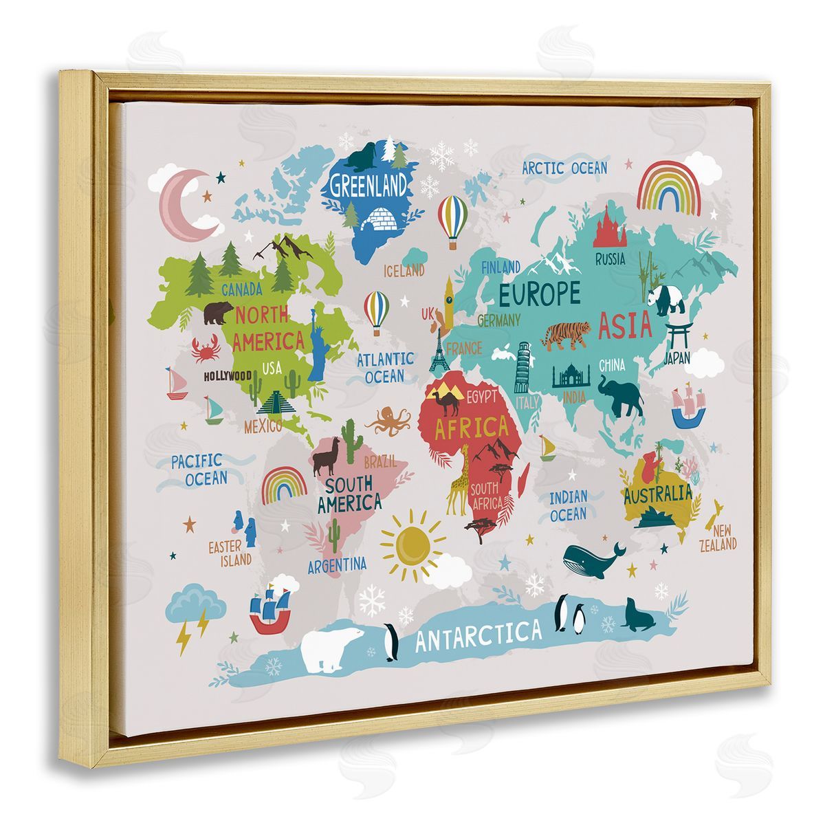 Lisa Perry Whitebutton Landmarks & Wildlife Illustration World Map Diagram Chart Gold Floating Frame Canvas Wall Art Print
