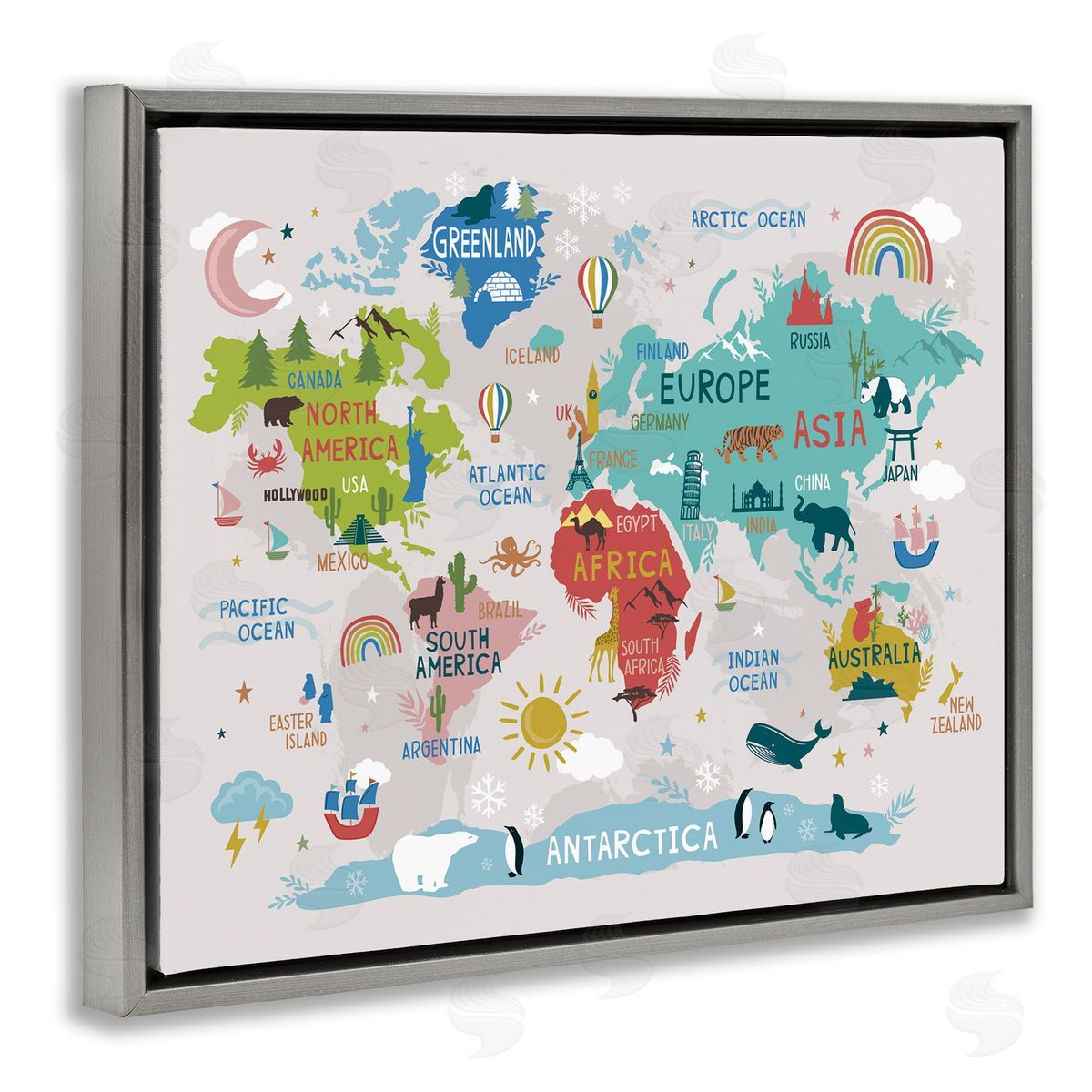 Lisa Perry Whitebutton Landmarks & Wildlife Illustration World Map Diagram Chart Gray Floating Frame Canvas Wall Art Print