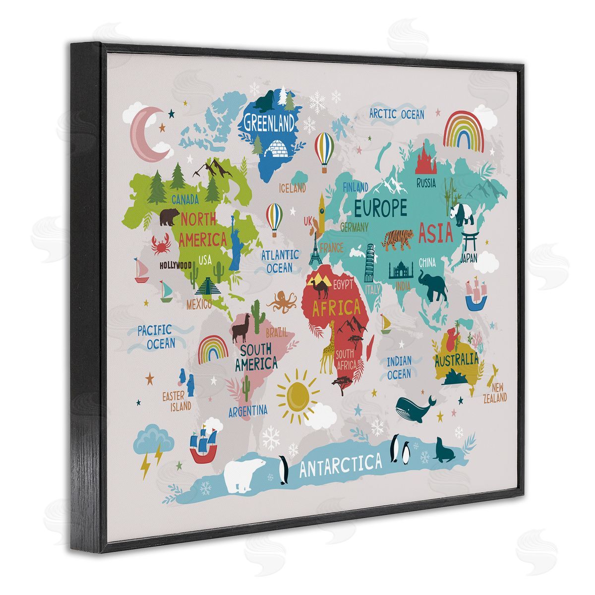 Lisa Perry Whitebutton Landmarks & Wildlife Illustration World Map Diagram Chart Black Framed Giclee Wall Art Print