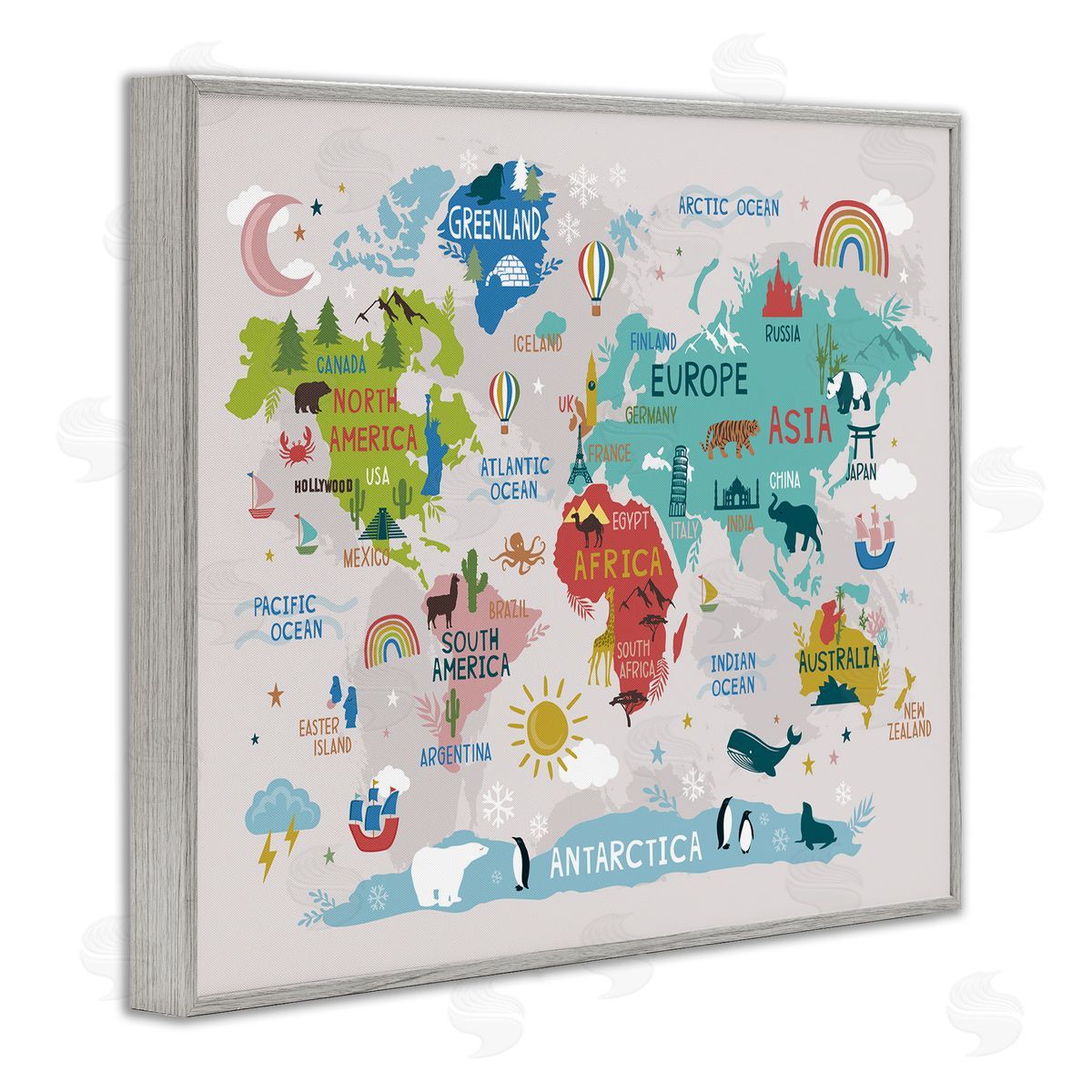 Lisa Perry Whitebutton Landmarks & Wildlife Illustration World Map Diagram Chart Gray Framed Giclee Wall Art Print