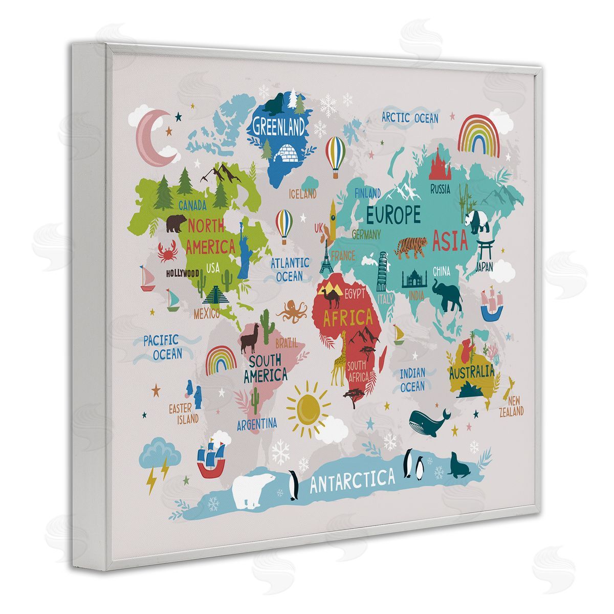 Lisa Perry Whitebutton Landmarks & Wildlife Illustration World Map Diagram Chart White Framed Giclee Wall Art Print