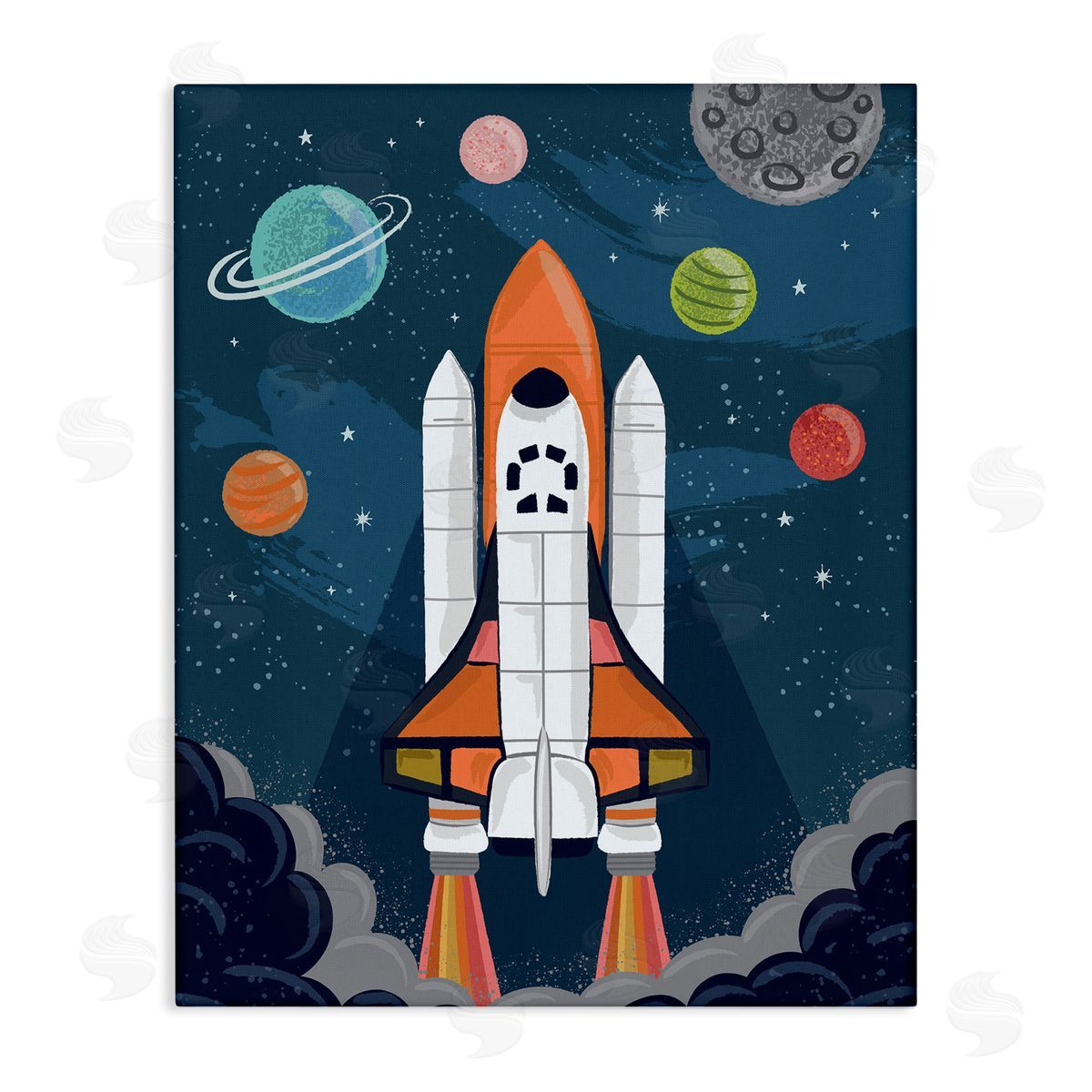 Lisa Perry Whitebutton Rocket Ship Ready for Flight Outer Space Planets  Stretched Canvas Wall Art Print